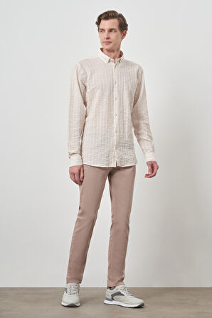  Erkek Bej Pamuk Trend Slim Fit Düğmeli Yaka Gömlek