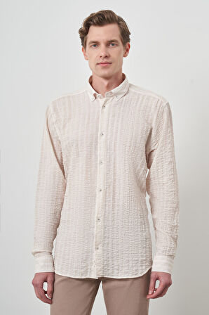  Erkek Bej Pamuk Trend Slim Fit Düğmeli Yaka Gömlek