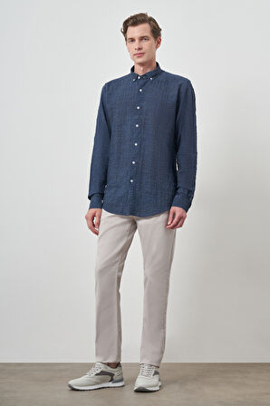  Erkek Lacivert Pamuk Trend Slim Fit Düğmeli Yaka Gömlek