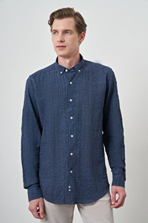  Erkek Lacivert Pamuk Trend Slim Fit Düğmeli Yaka Gömlek