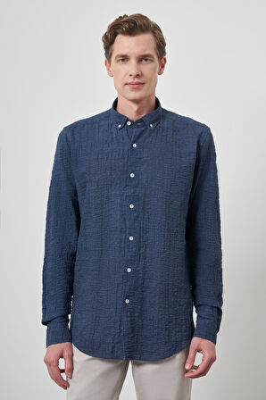  Erkek Lacivert Pamuk Trend Slim Fit Düğmeli Yaka Gömlek