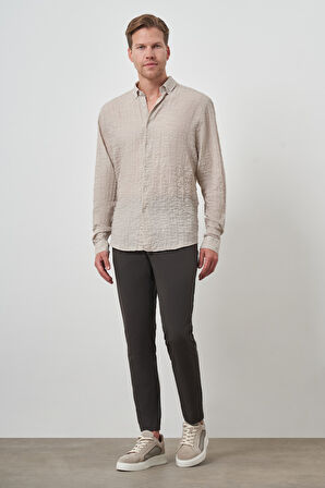  Erkek Bej Pamuk Trend Slim Fit Düğmeli Yaka Gömlek