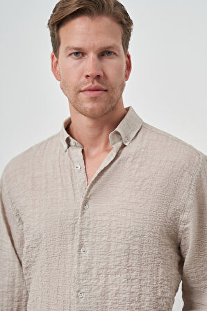  Erkek Bej Pamuk Trend Slim Fit Düğmeli Yaka Gömlek