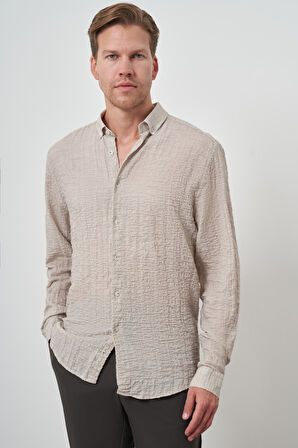  Erkek Bej Pamuk Trend Slim Fit Düğmeli Yaka Gömlek