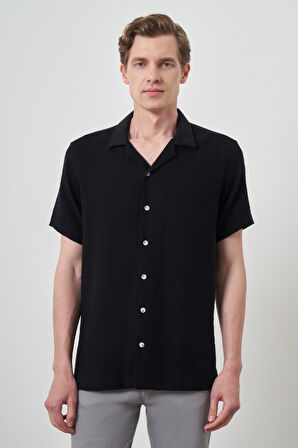  Erkek Siyah Trend Keten Regular Fit Apaş Yaka Kısa Kol Gömlek