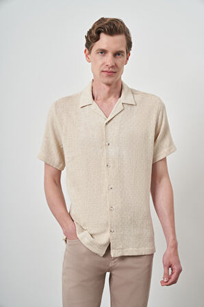  Erkek Bej Trend Keten Regular Fit Apaş Yaka Kısa Kol Gömlek