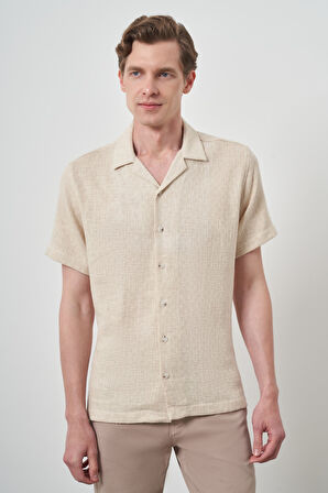  Erkek Bej Trend Keten Regular Fit Apaş Yaka Kısa Kol Gömlek