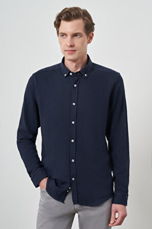  Erkek Lacivert Trend Keten Slim Fit Düğmeli Yaka Gömlek