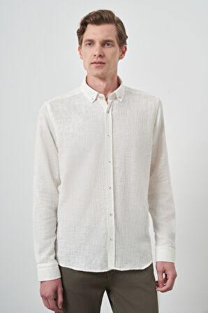  Erkek Beyaz Trend Keten Slim Fit Düğmeli Yaka Gömlek