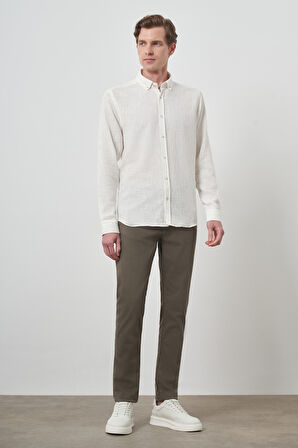  Erkek Beyaz Trend Keten Slim Fit Düğmeli Yaka Gömlek