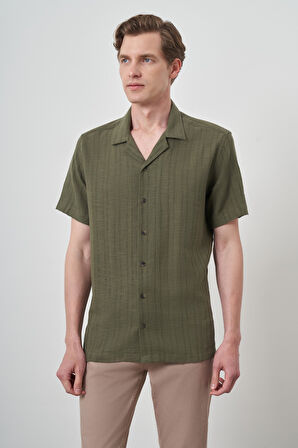  Erkek Haki Keten Regular Fit Apaş Yaka Kısa Kol Gömlek