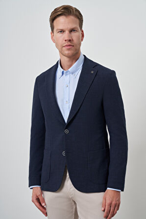  Erkek Lacivert Dokuma Slim Fit Mono Yaka Ceket