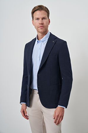  Erkek Lacivert Dokuma Slim Fit Mono Yaka Ceket