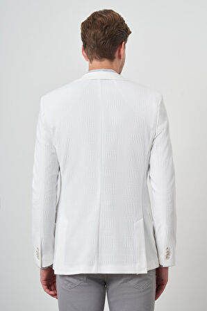  Erkek Beyaz Örme Desenli Mono Yaka Slim Fit Ceket