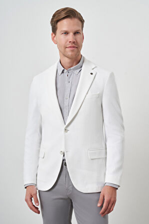  Erkek Beyaz Örme Desenli Mono Yaka Slim Fit Ceket