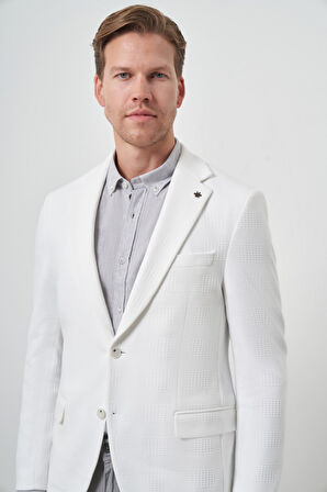  Erkek Beyaz Örme Desenli Mono Yaka Slim Fit Ceket