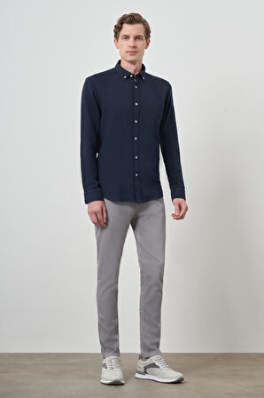  Erkek Lacivert Trend Keten Slim Fit Düğmeli Yaka Gömlek