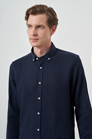  Erkek Lacivert Trend Keten Slim Fit Düğmeli Yaka Gömlek