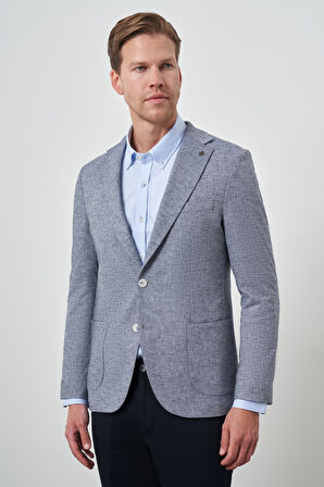  Erkek Lacivert Keten Dokuma Slim Fit Mono Yaka Ceket