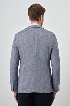  Erkek Lacivert Keten Dokuma Slim Fit Mono Yaka Ceket