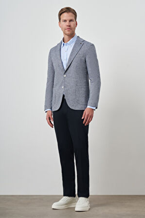  Erkek Lacivert Keten Dokuma Slim Fit Mono Yaka Ceket