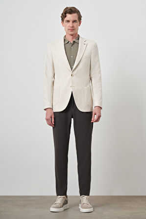  Erkek Bej Keten Trend Slim Fit Mono Yaka Ceket