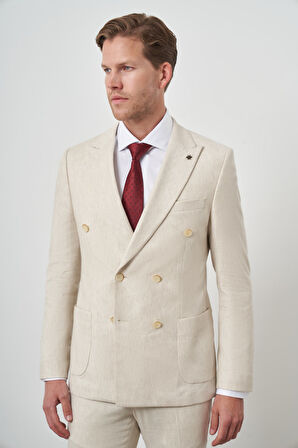  Erkek Bej Keten Kruvaze Slim Fit Sivri Yaka Takım Elbise
