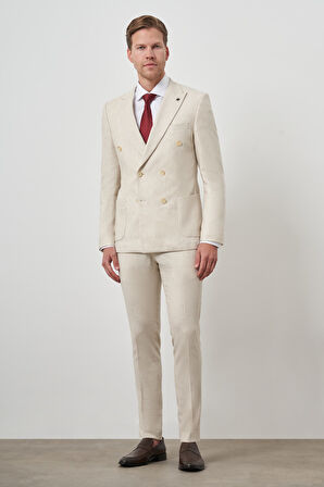  Erkek Bej Keten Kruvaze Slim Fit Sivri Yaka Takım Elbise