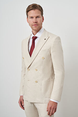  Erkek Bej Keten Kruvaze Slim Fit Sivri Yaka Takım Elbise