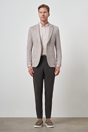  Erkek Bej Örme Desenli Slim Fit Mono Yaka Ceket