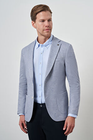  Erkek İndigo Örme Slim Fit Mono Yaka Ceket
