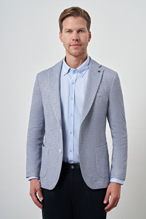  Erkek İndigo Örme Slim Fit Mono Yaka Ceket