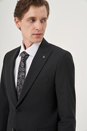  Erkek Siyah Yünlü Platinium Classic Çizgili Slim Fit Sivri Yaka Takım Elbise