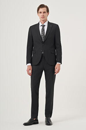  Erkek Siyah Yünlü Platinium Classic Çizgili Slim Fit Sivri Yaka Takım Elbise