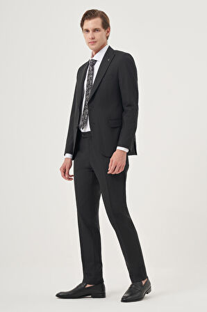  Erkek Siyah Yünlü Platinium Classic Çizgili Slim Fit Sivri Yaka Takım Elbise