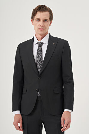  Erkek Siyah Yünlü Platinium Classic Çizgili Slim Fit Sivri Yaka Takım Elbise