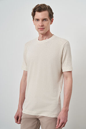  Erkek Bej Trend Bisiklet Yaka T-Shirt