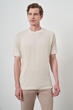  Erkek Bej Trend Bisiklet Yaka T-Shirt