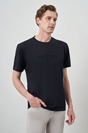  Erkek Lacivert Trend Bisiklet Yaka Baskılı Tshirt