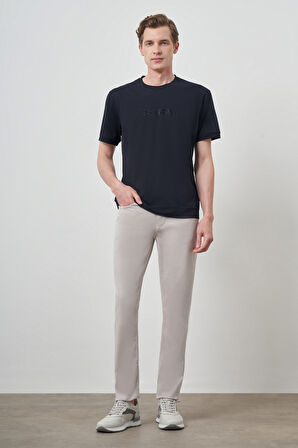  Erkek Lacivert Trend Bisiklet Yaka Baskılı Tshirt