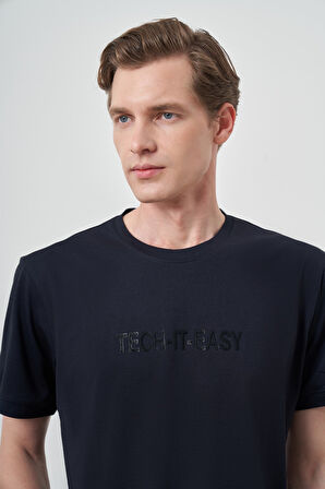  Erkek Lacivert Trend Bisiklet Yaka Baskılı Tshirt