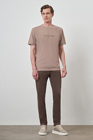  Erkek Bej Trend Bisiklet Yaka Baskılı Tshirt