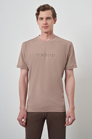  Erkek Bej Trend Bisiklet Yaka Baskılı Tshirt