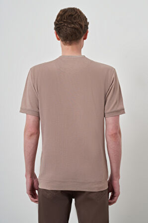  Erkek Bej Trend Bisiklet Yaka Baskılı Tshirt