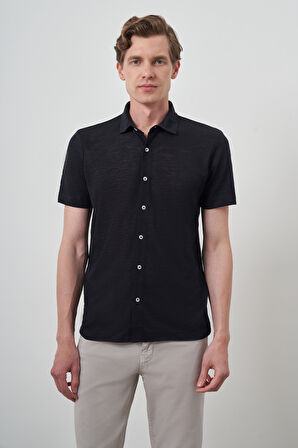  Erkek Lacivert Trend Apaçi Yaka Kısa Kollu Gömlek