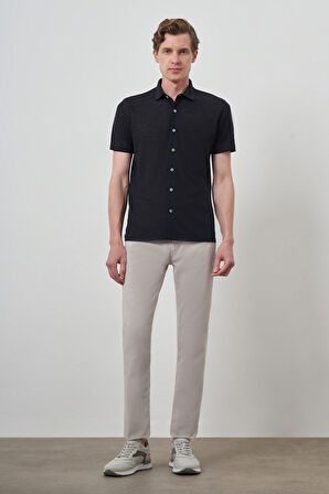  Erkek Lacivert Trend Apaçi Yaka Kısa Kollu Gömlek