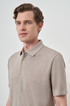  Erkek Bej Trend Apaçi Yaka Kısa Kollu Gömlek