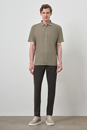  Erkek Haki Trend Apaçi Yaka Kısa Kollu Gömlek