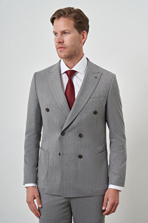  Erkek Gri Poliviskon Trend Kruvaze Çizgili Desen Slim Fit Sivri Yaka Takım Elbise