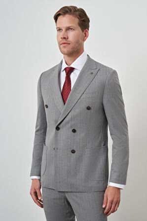  Erkek Gri Poliviskon Trend Kruvaze Çizgili Desen Slim Fit Sivri Yaka Takım Elbise